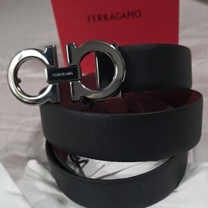 Salvatore Ferragamo Black Belt with Silver Double-Gancini Buckle